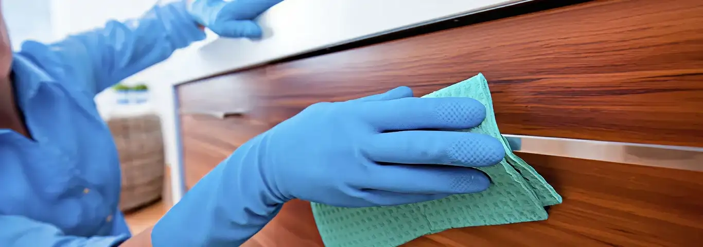 Cleaner wearing blue gloves wiping a wooden cabinet drawer with a microfiber cloth for dust and grime removal, Seattle, WA.