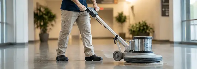 Professional technician using an industrial floor buffer to polish and maintain shiny commercial flooring in a corporate hallway in Seattle, WA.