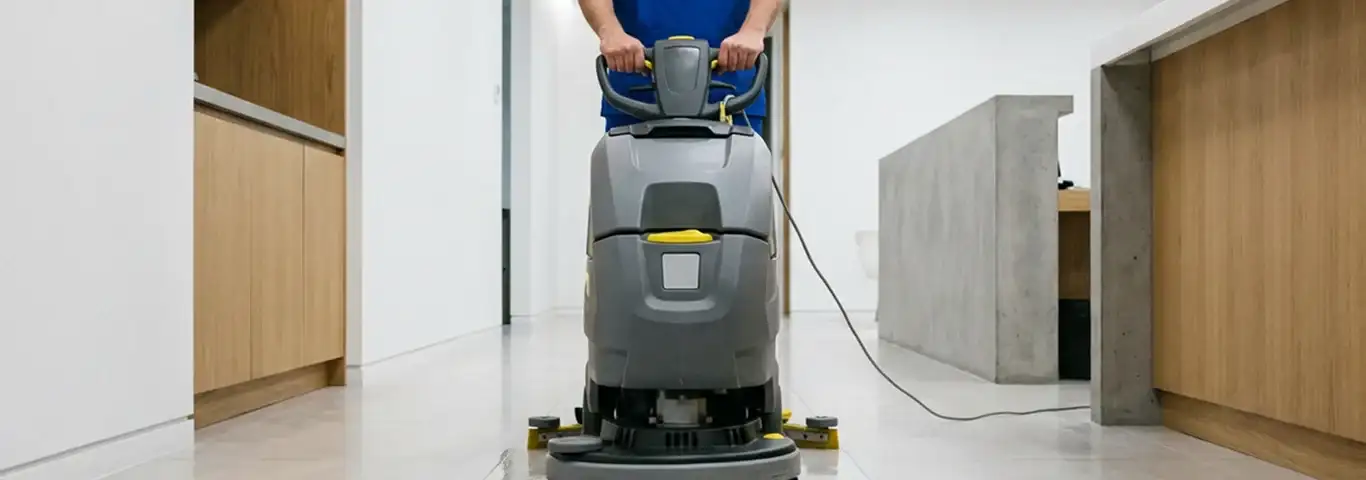 Janitorial staff using a floor scrubber machine to clean a commercial hallway, Seattle, WA.