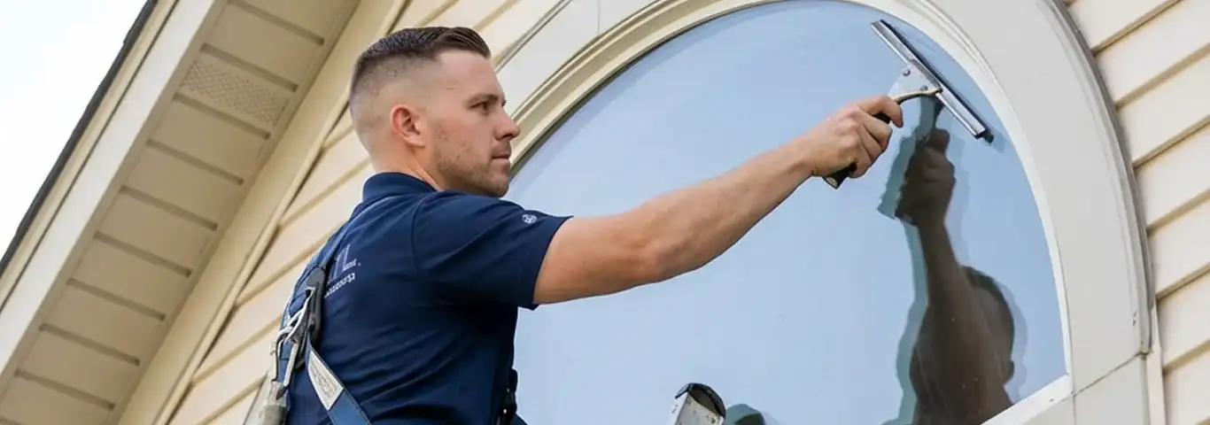Professional window cleaner using a squeegee to clean an exterior arched window on a home, Seattle, WA.