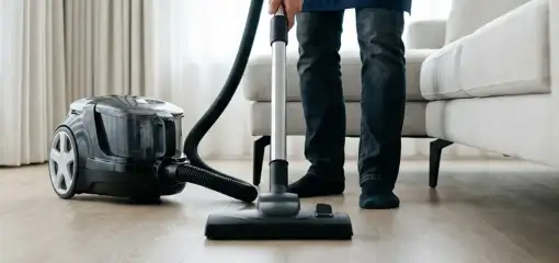 Professional house cleaner vacuuming a living room floor with a canister vacuum cleaner, Seattle, WA.