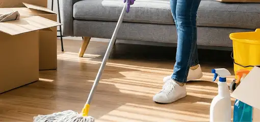 Move-out cleaning setup with a cleaner mopping hardwood floors near moving boxes and cleaning supplies, Seattle, WA.