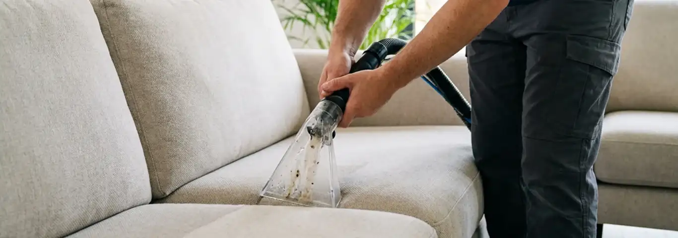 Technician extracting dirt and moisture from a fabric sofa with an upholstery cleaning wand, Seattle, WA.