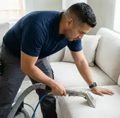 Professional upholstery cleaning technician using an extraction wand to deep-clean a fabric sofa, Seattle, WA.