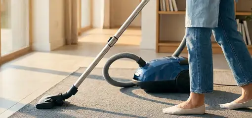Person vacuuming a living room rug with a canister vacuum cleaner near large windows, Seattle, WA.